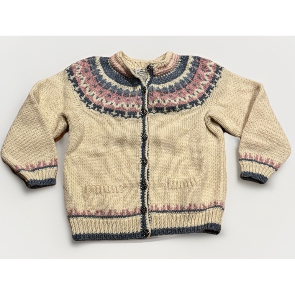 Vintage 70s Tundra Nordic Fair Isle Cardigan L Sweater Wool Canada Made Rare